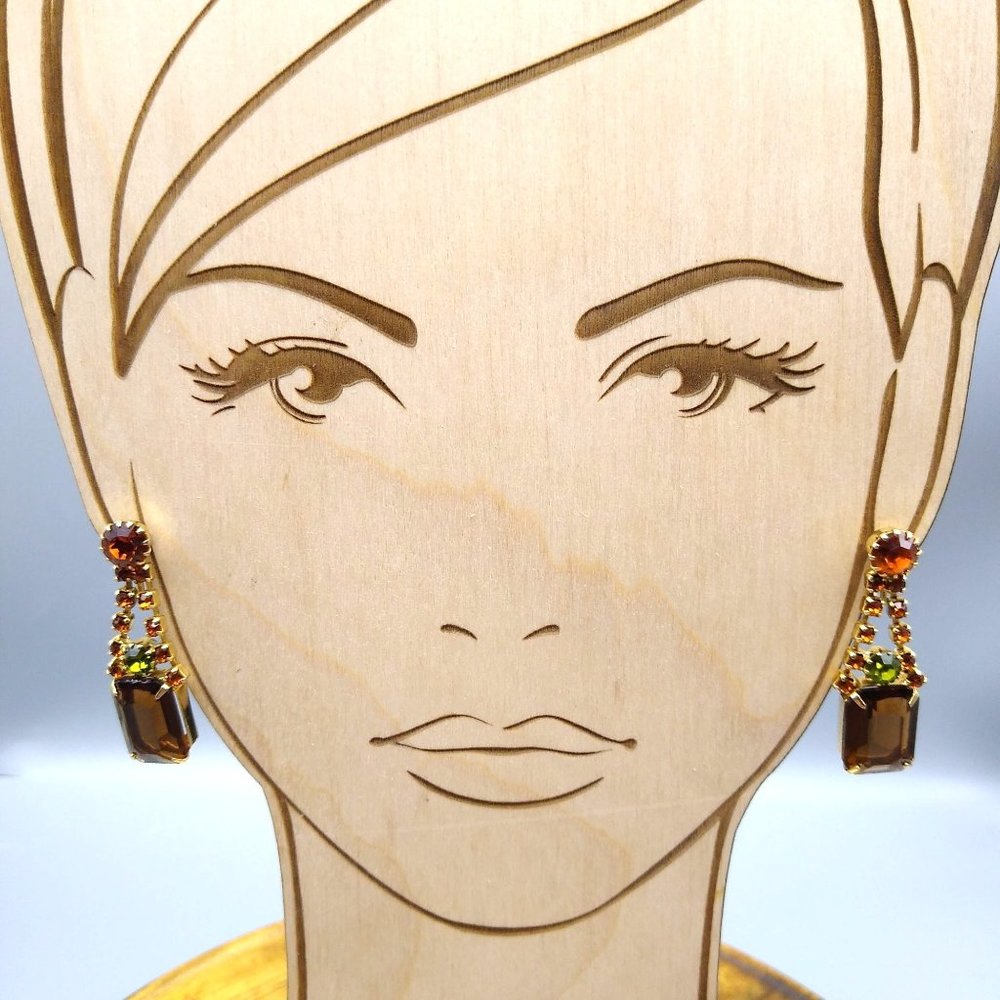Juliana Style Bold Topaz Drop Earrings, Gold Tone Clip On with Orange and Green